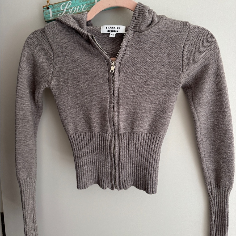 Frankie's Bikinis Gray Knit zip up sweater with hoodie